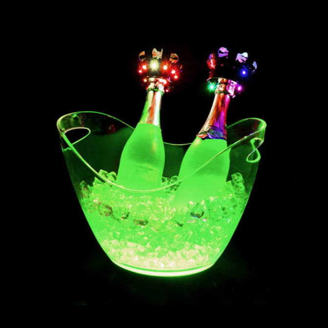 An 8L LED ice bucket in green holding two bottles, surrounded by ice, with decorative crown bottle caps.