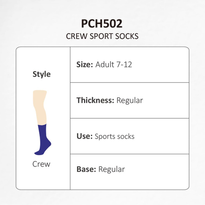 Crew sport socks in navy blue, suitable for adult sizes 7-12, designed with regular thickness.