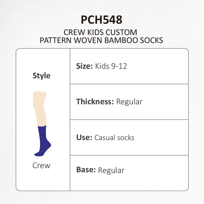A pair of crew socks featuring a custom pattern, woven from bamboo in a rich blue colour.