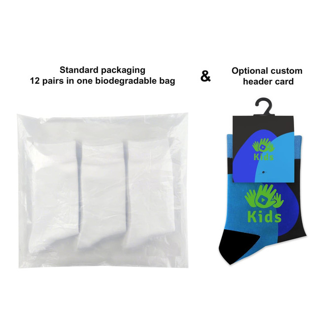 A pack of white bamboo socks for kids in biodegradable packaging, featuring a custom header card with a logo.