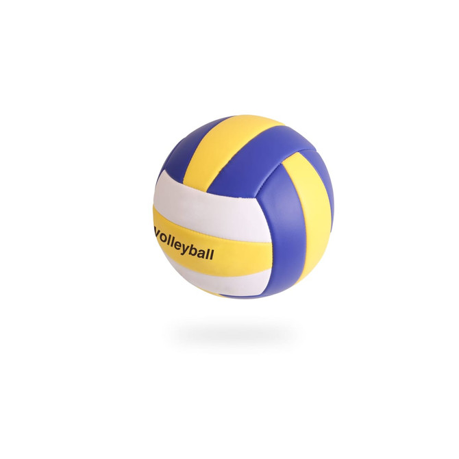 A blue and yellow volleyball with white panels and a logo, designed for leisure and outdoor activities.