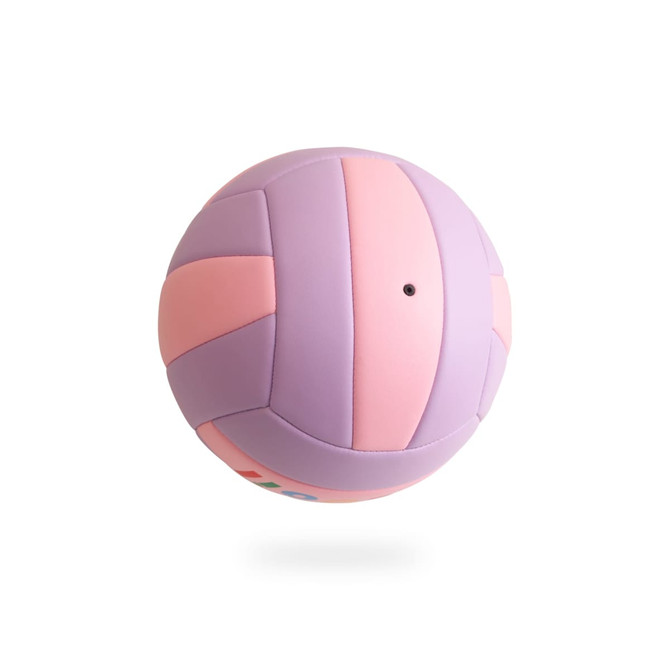 A volleyball in shades of pink and purple, featuring a logo, designed for leisure and outdoor sports.