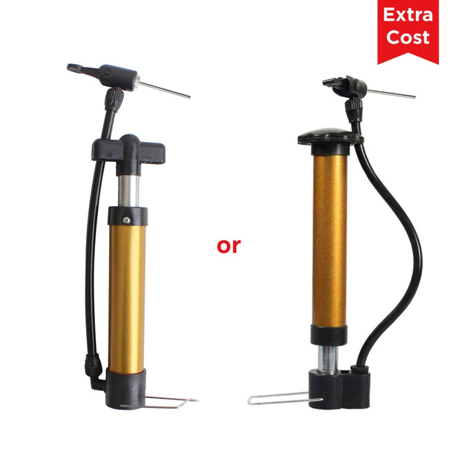 A dual-action pump in gold and black with various nozzle attachments. Features a branding logo on the handle.