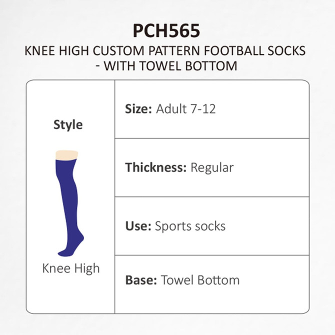 Knee high football socks in navy blue, featuring a towel bottom, suitable for adult sizes 7-12.