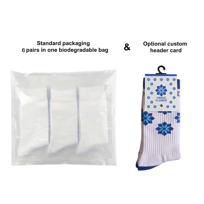 Crew woven work socks with a towel bottom, featuring a blue and white design, packaged in a biodegradable bag.