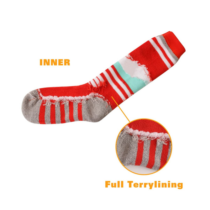 Crew thermal socks in red, grey, and mint with a full terry lining and a logo.