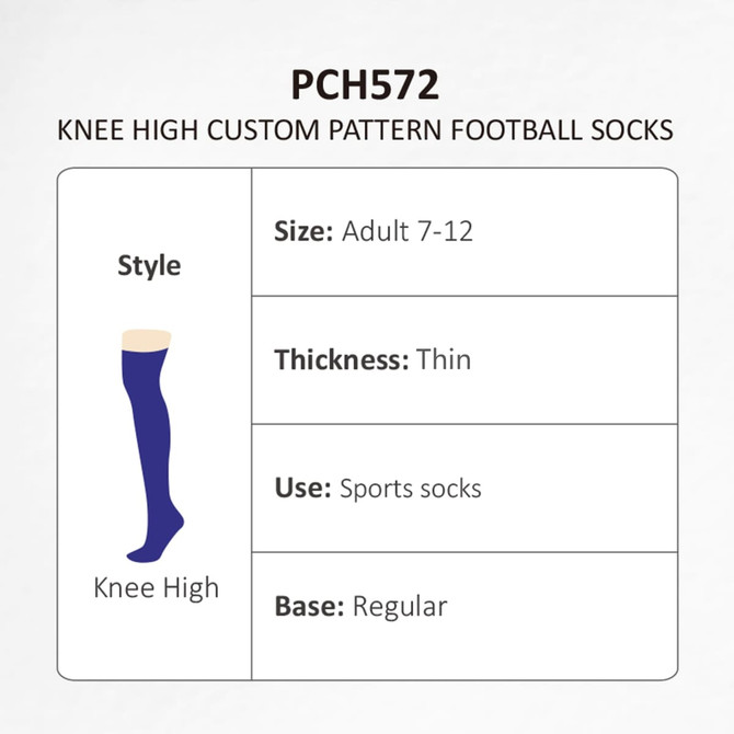 Knee high football socks in purple, featuring a custom pattern. Includes a branding logo. Thickness is thin.