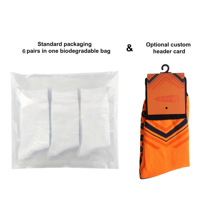 A pair of orange sports socks with a towel bottom, packaged in a biodegradable bag. The packaging includes a logo.