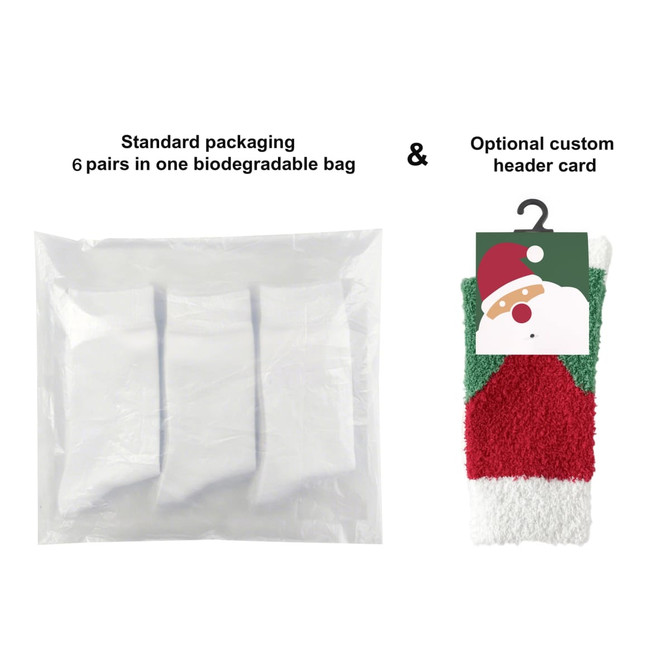 A biodegradable bag containing six pairs of coral fleece socks in green, red, and white, with an optional header card.