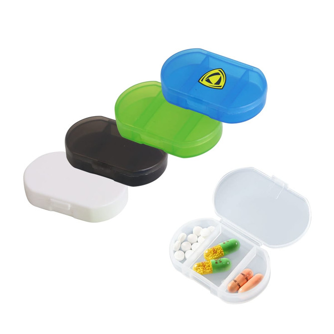 A pill box featuring three compartments in green, black, white, and clear, with a logo on the lid.