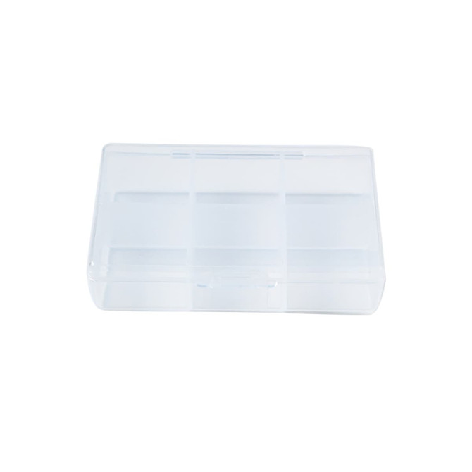 A clear, rectangular pill box with six compartments, featuring a hinged lid for easy access.