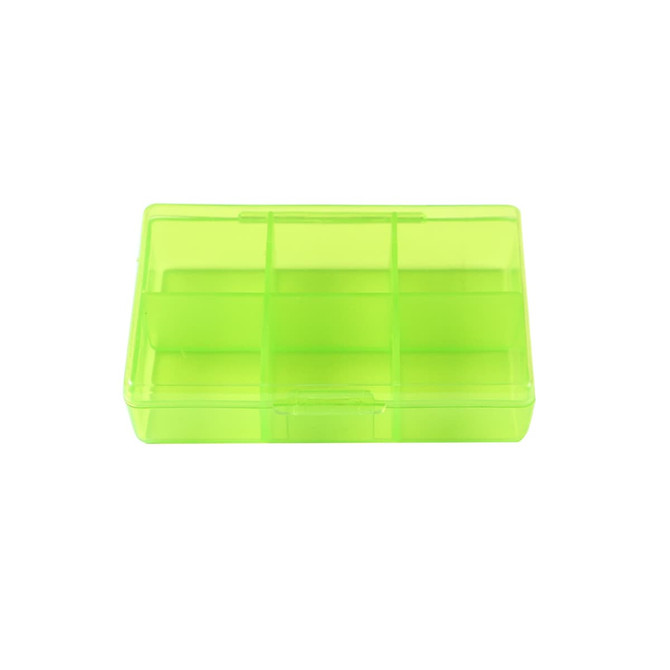 A square, translucent green pill box with six compartments and a secure closing mechanism.