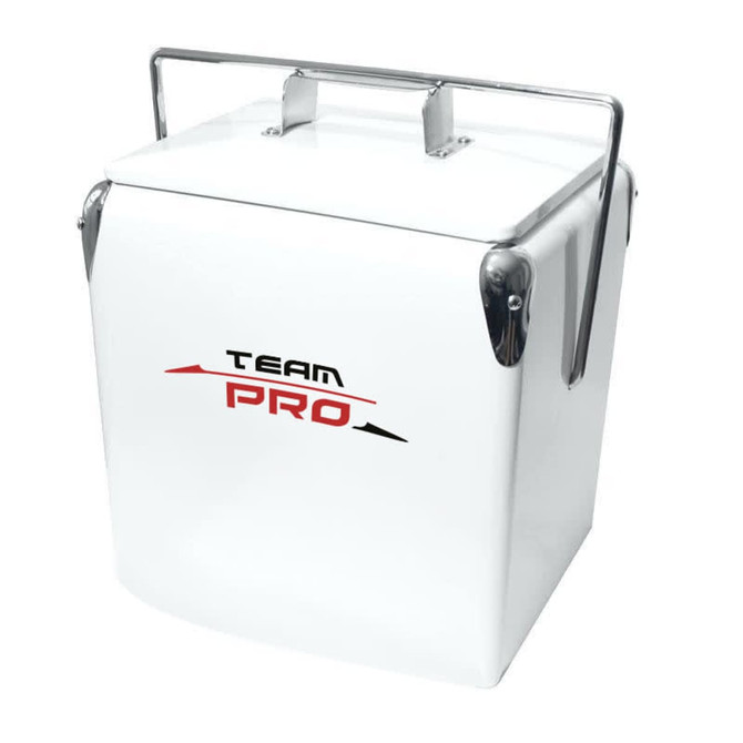 A white metal cooler box with a silver handle and a logo on the front.