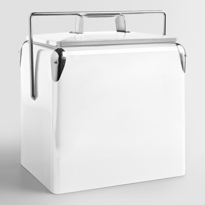 A 13L metal cooler box in white with a stainless steel handle and lid. It features a sleek, minimalist design.