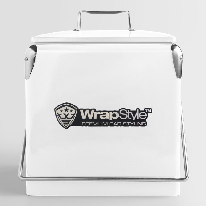 A 13L white metal cooler box with a handle and a logo on the front.
