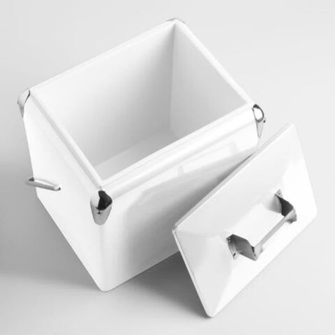 A white metal cooler box with a removable lid and chrome handles. It features a smooth interior and exterior finish.