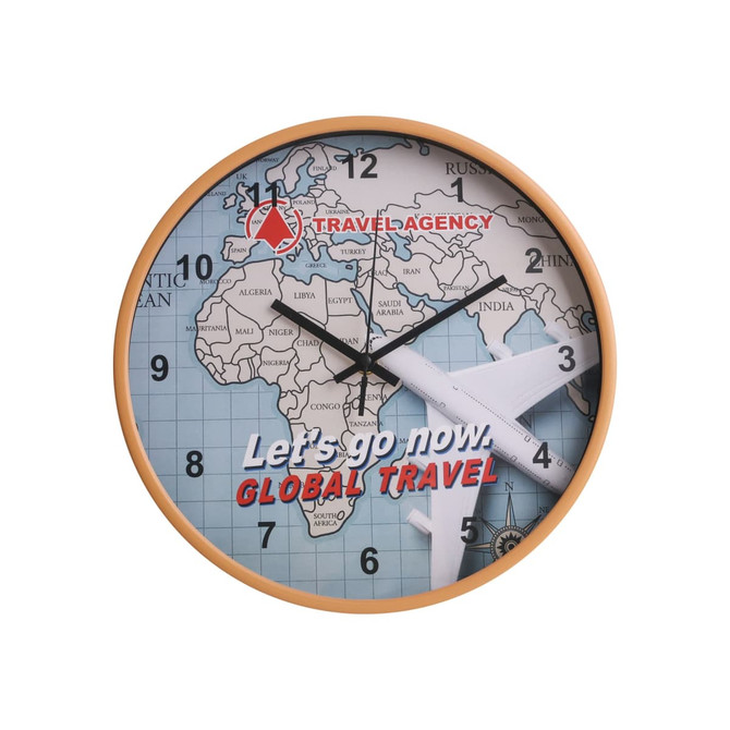 A round wall clock featuring a world map design with an orange frame and aircraft motifs.