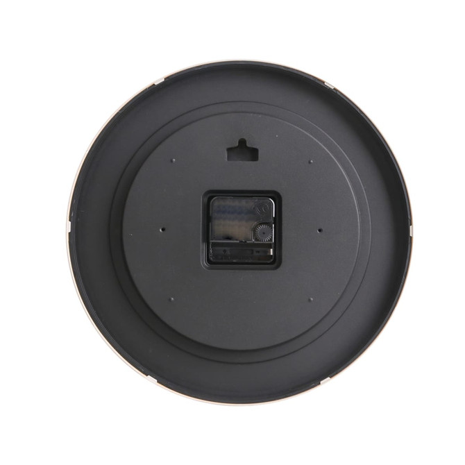 A round wall clock with a wood grain finish and a black back. It features a small rectangular battery compartment.