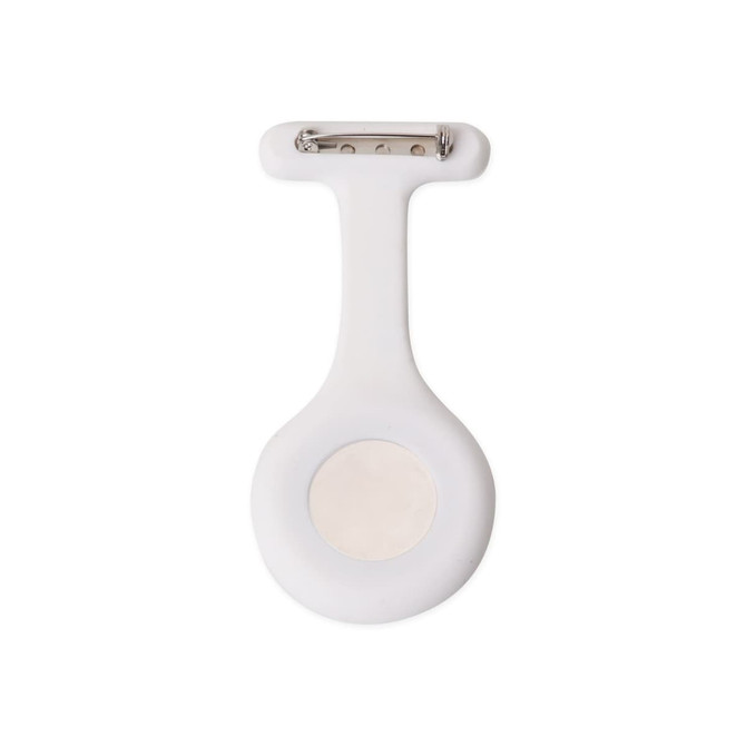 A white silicone nurse watch with a clip attachment and a circular face. It features a logo on the product.