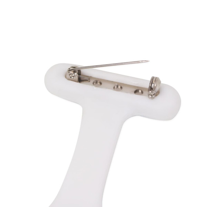 A white silicone nurse watch with a stainless steel pin for attaching, featuring a simple, functional design.