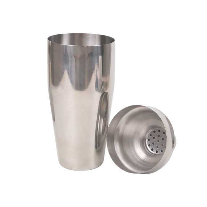 A stainless-steel cocktail shaker set, featuring a large shaker and a strainer lid. The finish is polished and reflective.