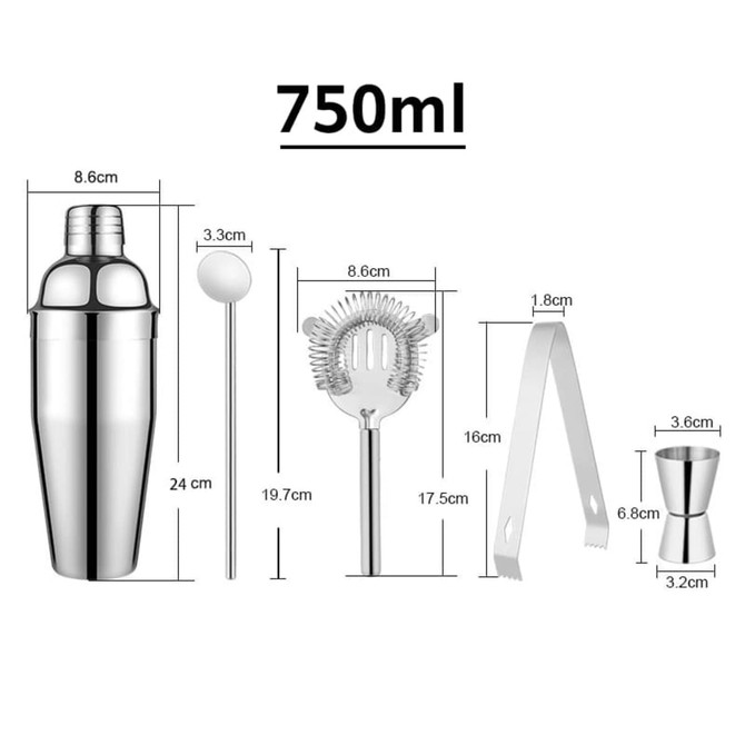 A stainless steel cocktail tools set featuring a shaker, stirrer, strainer, tongs, and jigger in a sleek design.
