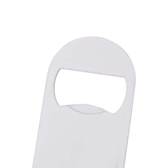 A drink bottle opener in white with a circular design and a branded logo. Ideal for keyrings and tools.
