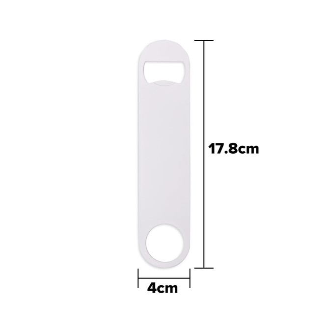 A drink bottle opener in white, measuring 17.8 cm by 4 cm, featuring a circular keyring attachment and a logo.