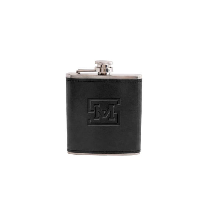 A drink bottle, classic hip flask in black leather with a silver top and an embossed logo.