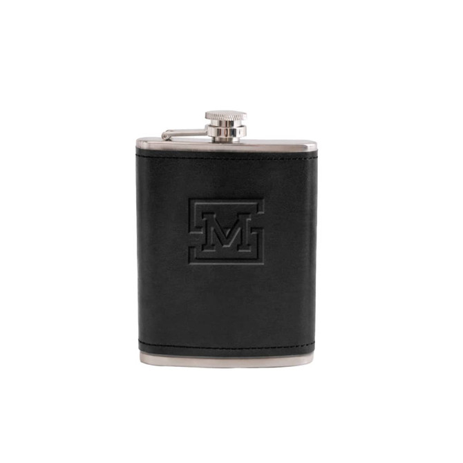 A drink bottle featuring a black leather exterior and a silver metal top, engraved with a logo.