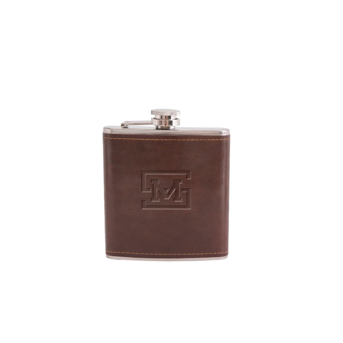 A drink bottle in a brown leather casing with a stainless steel top and a logo on the front.