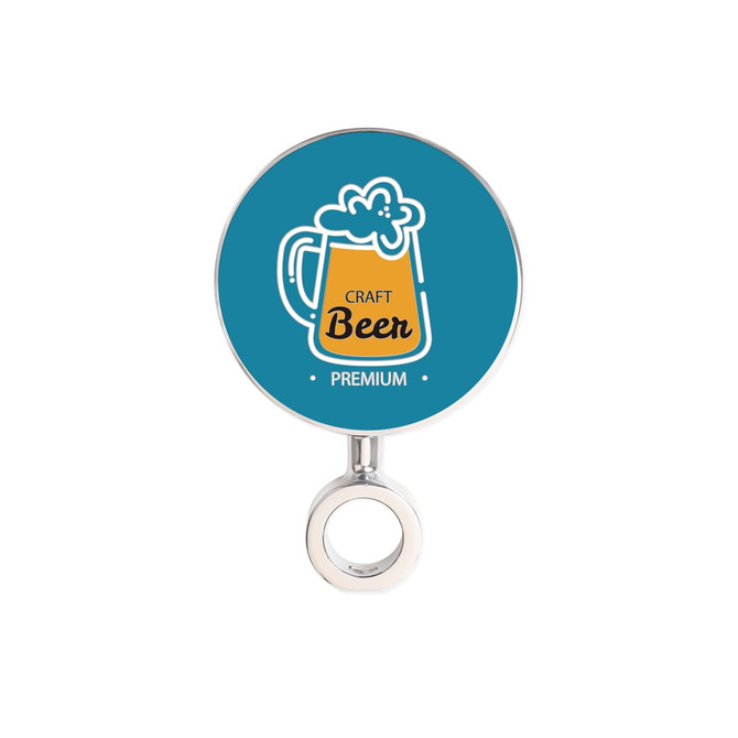 A circular badge featuring a graphic of a beer mug on a teal background with a silver ring attachment.
