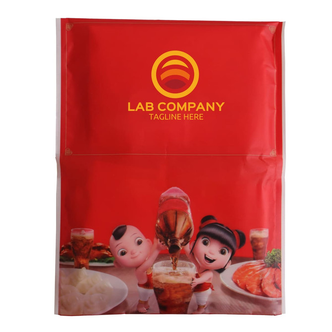 A red packaging featuring animated characters pouring a drink, with a logo at the top.