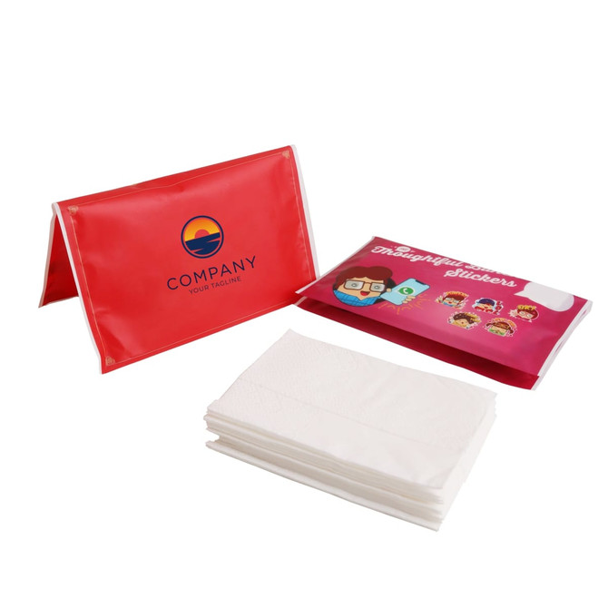 A red pouch holding white pocket tissues along with a colourful pack of stickers featuring cartoon characters.