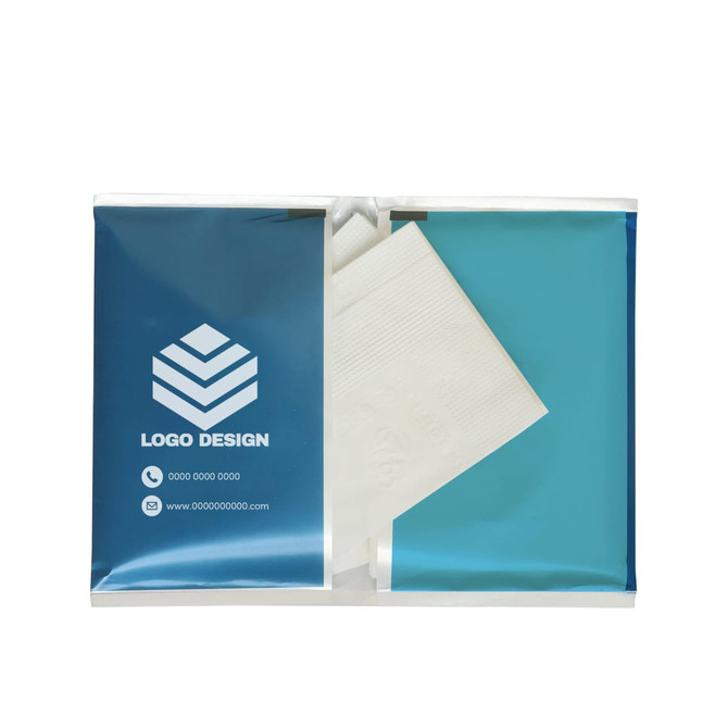 A pack of wallet pocket tissues in a blue and white design, featuring a logo on the front.