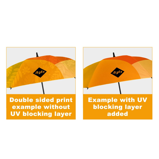 An orange and yellow full-colour golf umbrella with a logo, showcasing double-sided print examples.