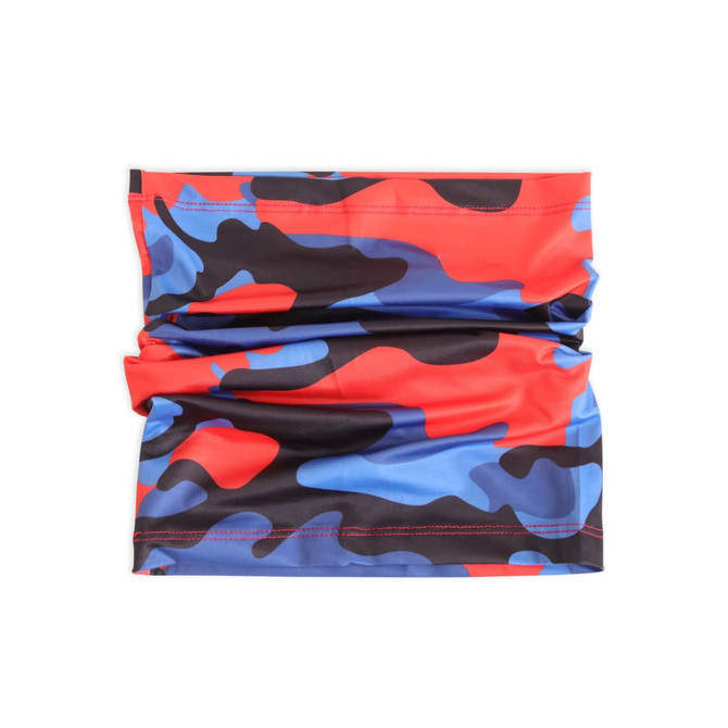 A polyester neck gaiter featuring a red, blue, and black camouflage pattern. It has a logo on one side.