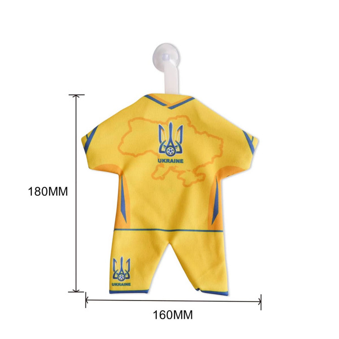 A custom mini jersey in yellow with blue accents and a logo, featuring a map outline of Ukraine.