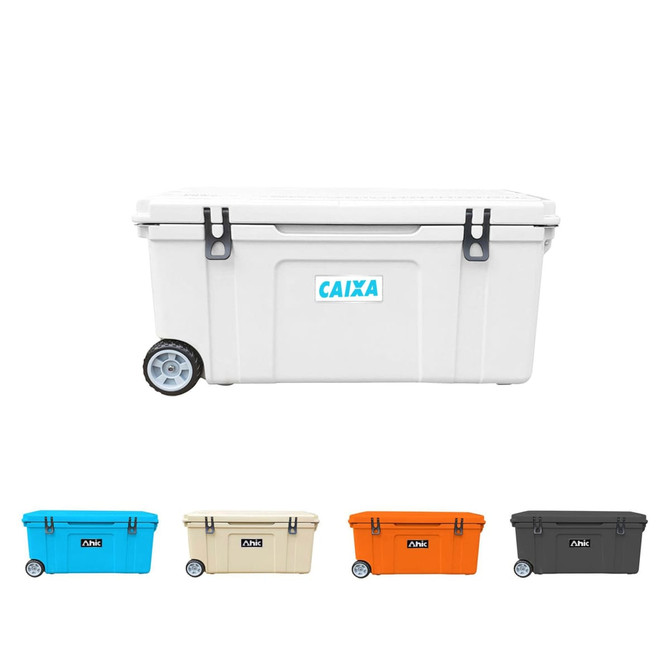 A 120L cooler box in white with wheels, featuring multiple colour options including blue, beige, orange, and black.