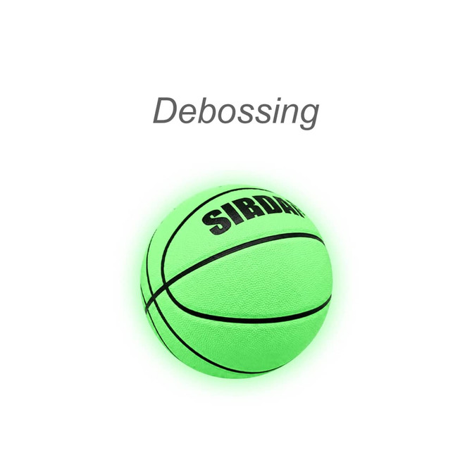A glowing green basketball with black accents and a branded logo, featuring a textured surface.