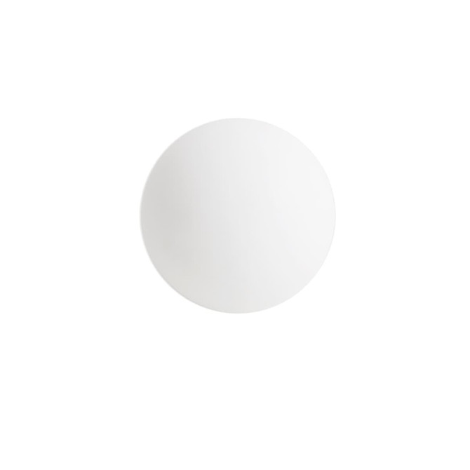 A white lacrosse ball with a smooth surface, featuring a logo on one side.
