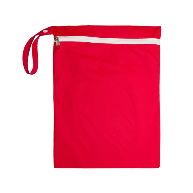 A red wet bag with a white zipper and a side handle.