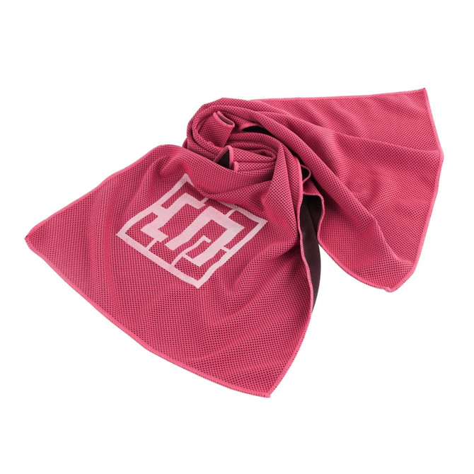 A pink cooling towel with a logo, displayed in a folded position against a white background.