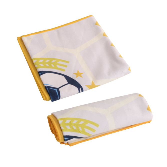 A folded Colour Sports Towel in yellow and white with a soccer ball design, featuring edging in yellow.