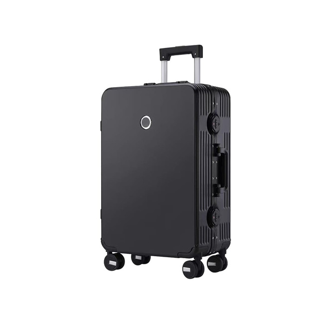 A ribbed black ABS suitcase with a retractable handle and four wheels, featuring a logo on the front.