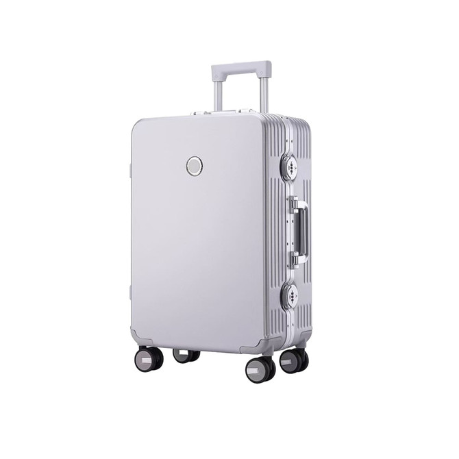 A ribbed ABS suitcase in white with four wheels and a retractable handle, featuring a logo on the front.