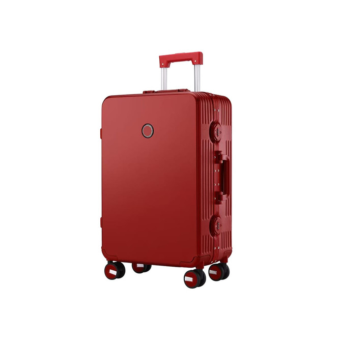 A red ribbed ABS suitcase with a telescopic handle and four wheels, featuring a logo on the front.