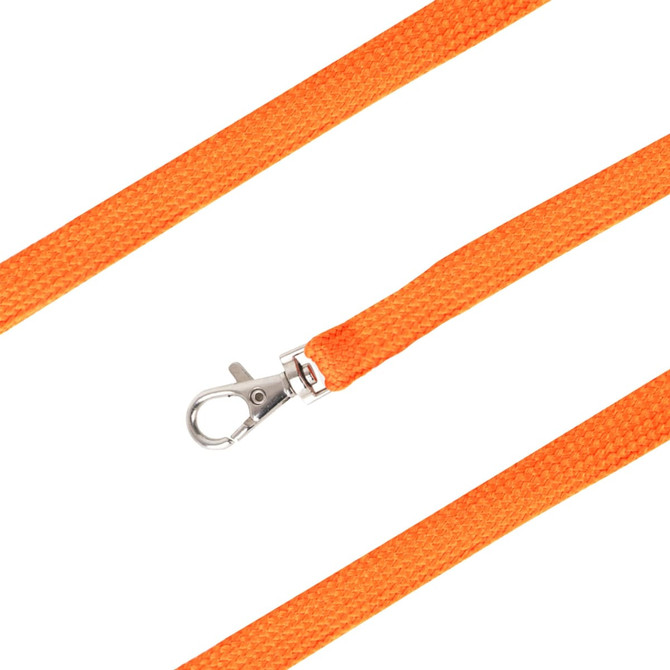 An orange bootlace lanyard featuring a silver clip for attachment.