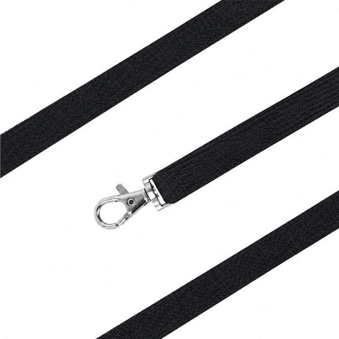 A black bootlace lanyard with a silver metal clip for securing items, featuring a textured surface.