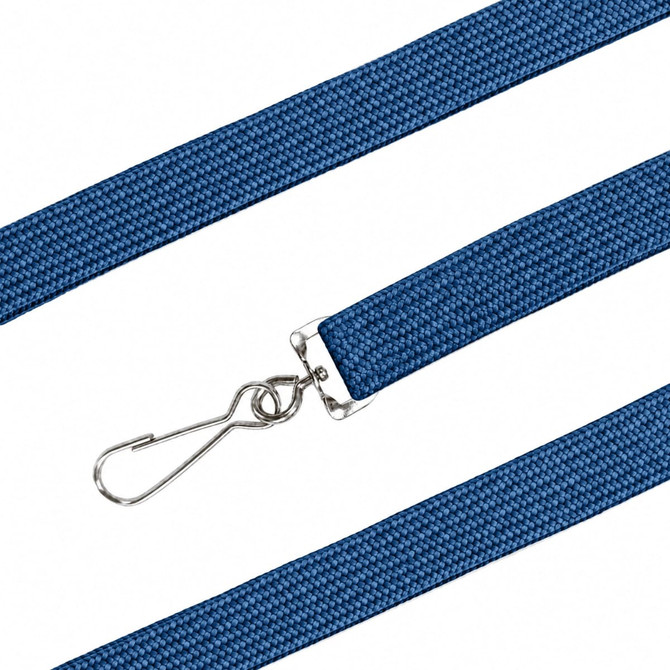 A blue bootlace lanyard with a metal clip attachment, ideal for holding ID cards or keys. It features a simple design.